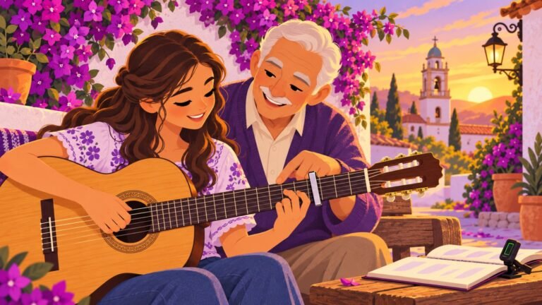 Abuelo enseñando a su nieta a hacer acordes en la guitarra en el patio de su casa