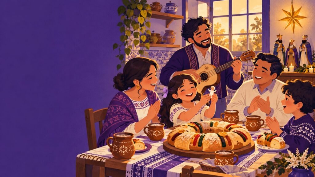 Familia partiendo la rosca de Reyes mientras cantan con una jarana