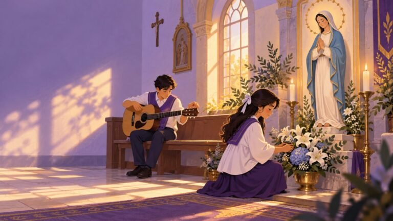 Joven del coro arreglando flores blancas ante la imagen de la Inmaculada