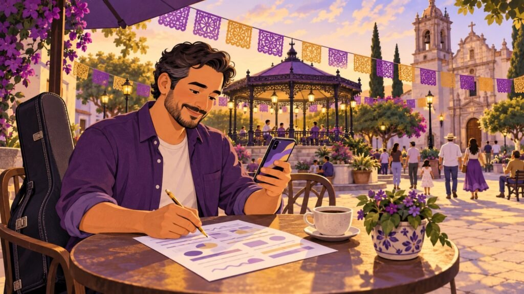 Coordinador del coro preparando los cantos del domingo con su teléfono en la terraza de un café de la plaza