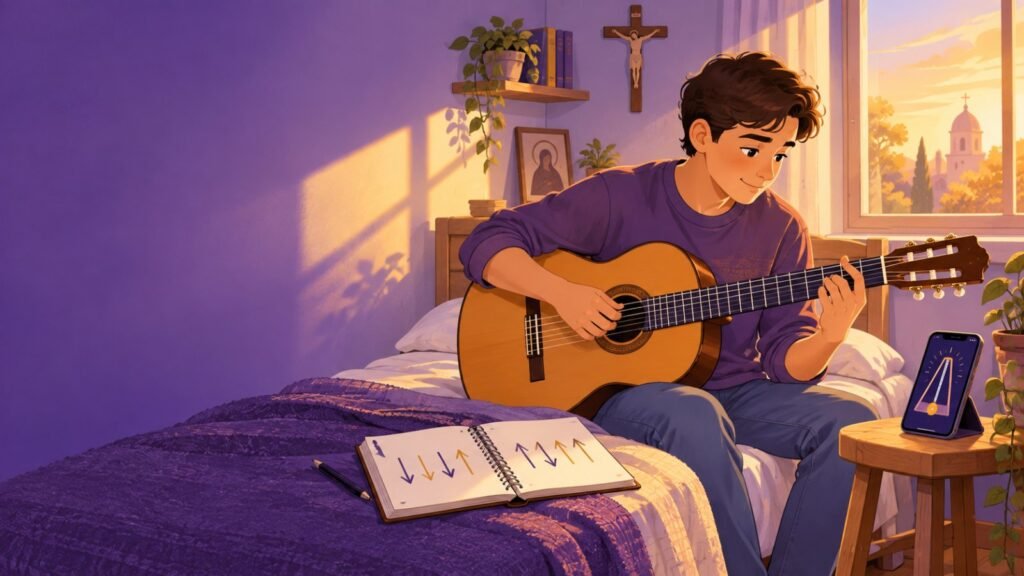 Joven practicando rasgueos de guitarra con un metrónomo en el celular